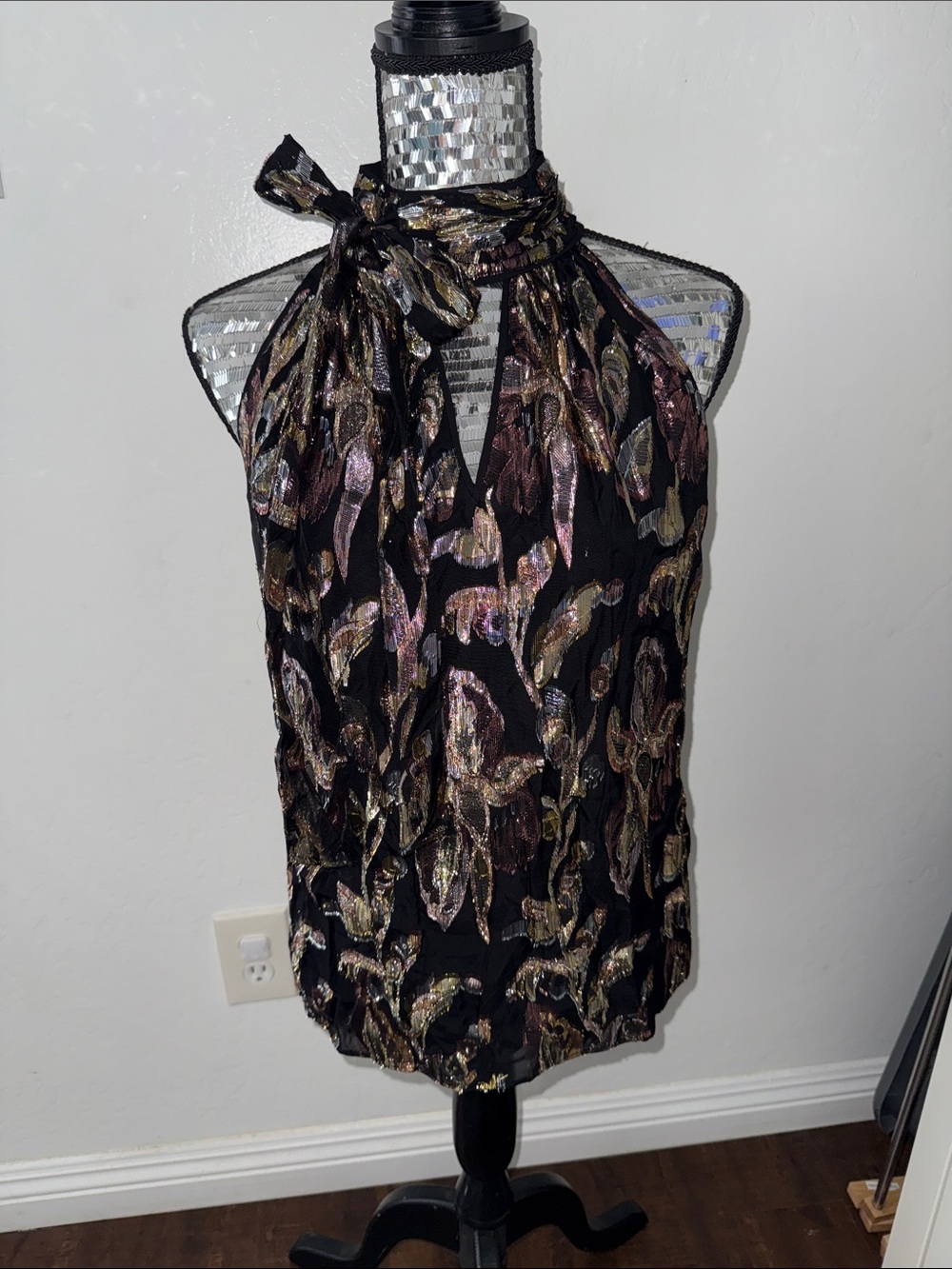 White House Black Market Black Halter Camisole with Metallic Accents